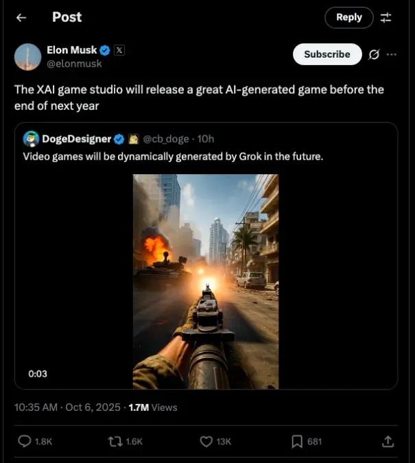 XAI game announcement by Elon Musk